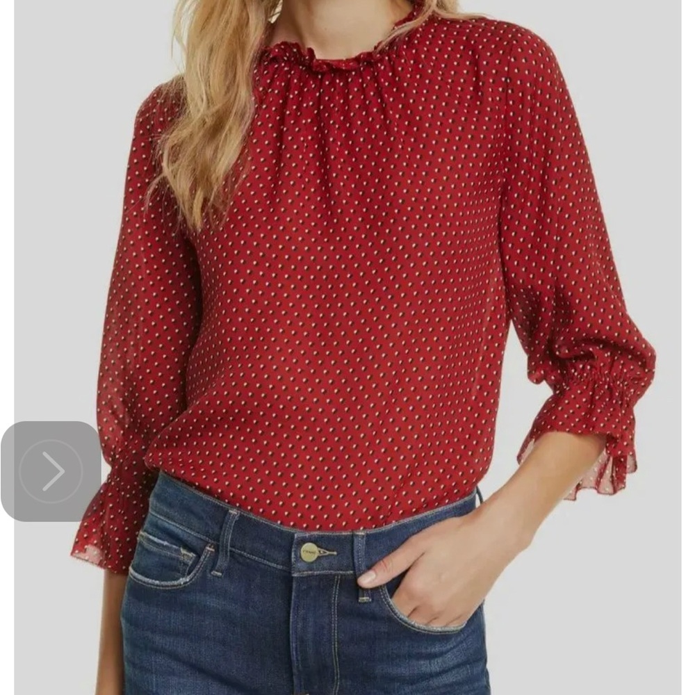 Brooke Heart Print Frame Denim Blouse Red Black Long-Sleeve Casual Silk Shirt
